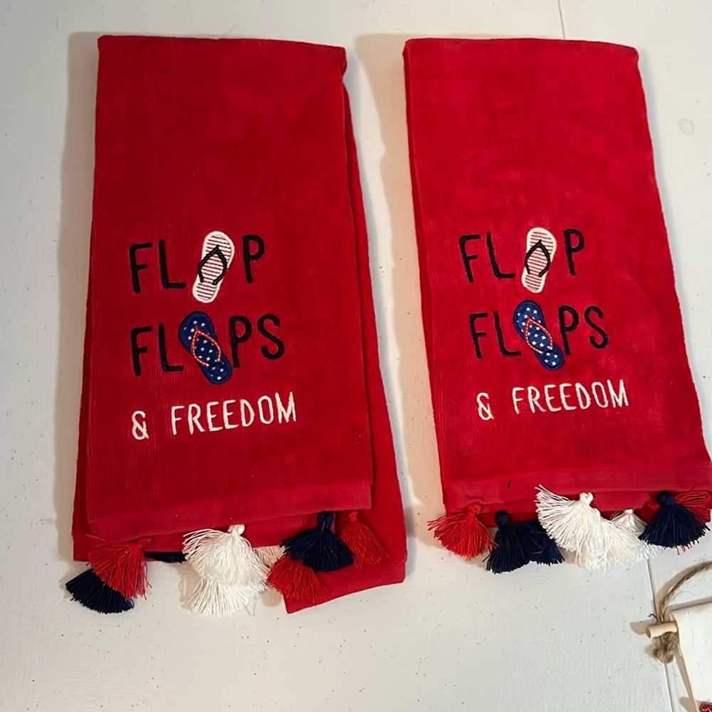 Red 'Flip Flops & Freedom' Towels with Tassels